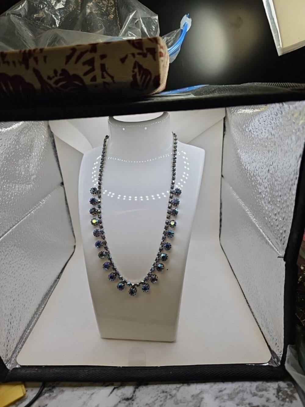 Necklace Aurora Borealis Blue Rhinestones Choker Collar